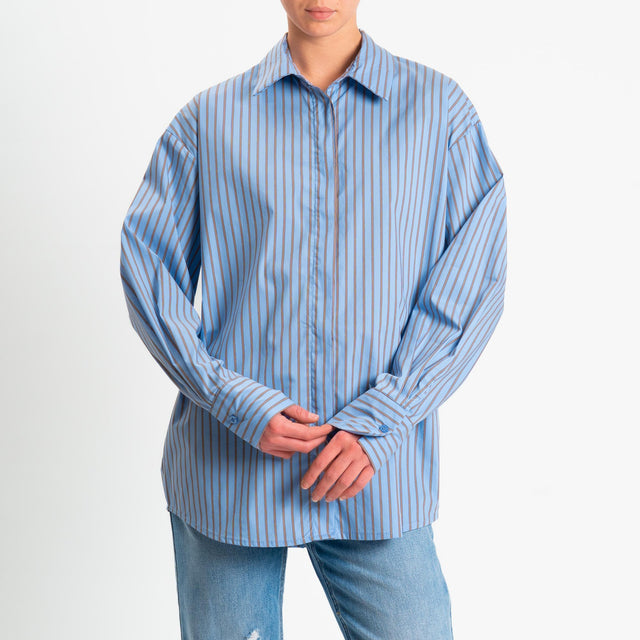 Zeroassoluto-Camicia over a righe bottoni dietro - celeste/cuoio