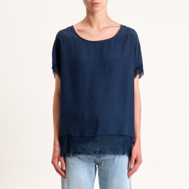 Zeroassoluto-Blusa in viscosa bordi sfrangiati bottoni dietro - blu