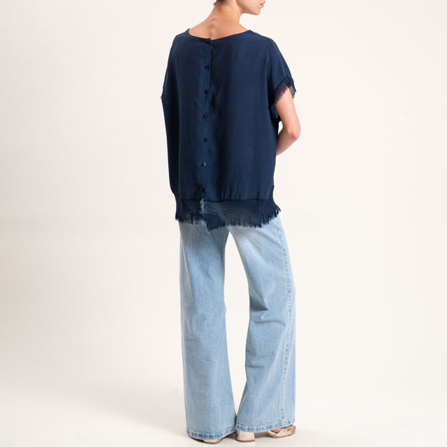 Zeroassoluto-Blusa in viscosa bordi sfrangiati bottoni dietro - blu