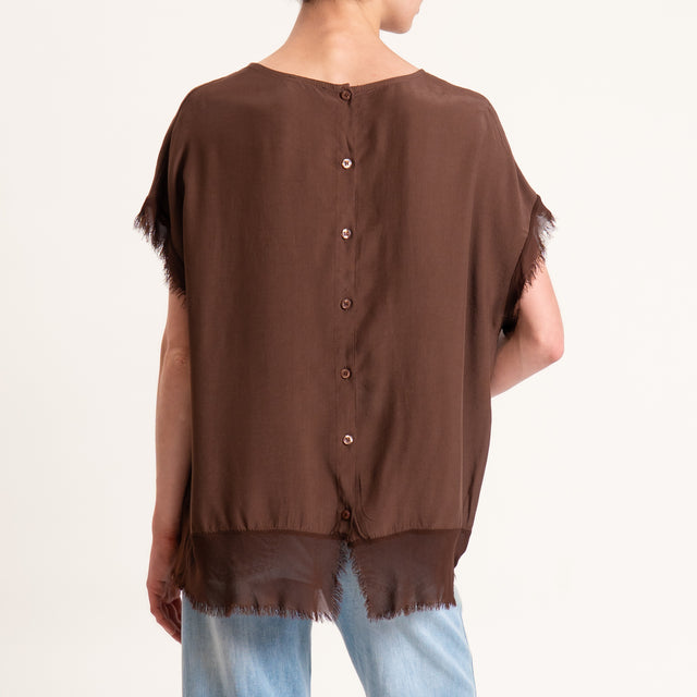 Zeroassoluto-Blusa in viscosa bordi sfrangiati bottoni dietro - choco