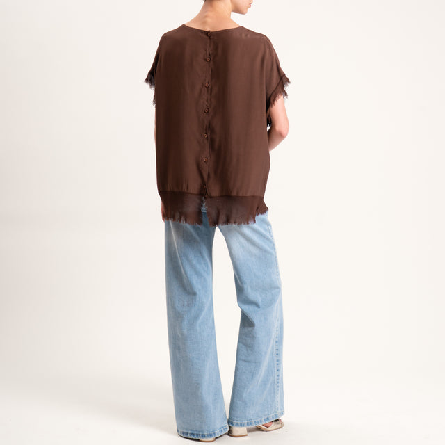 Zeroassoluto-Blusa in viscosa bordi sfrangiati bottoni dietro - choco