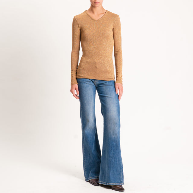 Zeroassoluto-T-shirt scollo v con lurex - tabacco