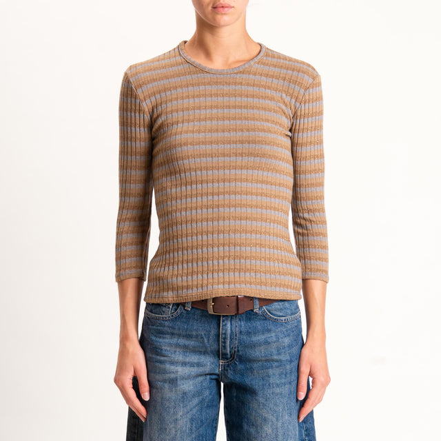 Zeroassoluto-Maglia costine a righe in lurex - camel/grigio