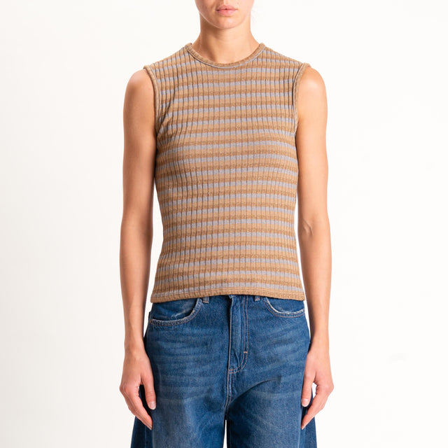 Zeroassoluto-Top costine a righe in lurex - camel/grigio