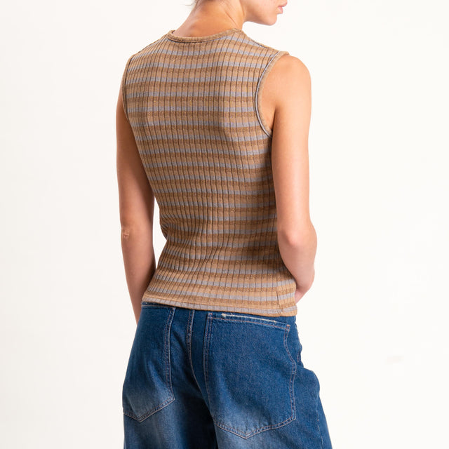 Zeroassoluto-Top costine a righe in lurex - camel/grigio