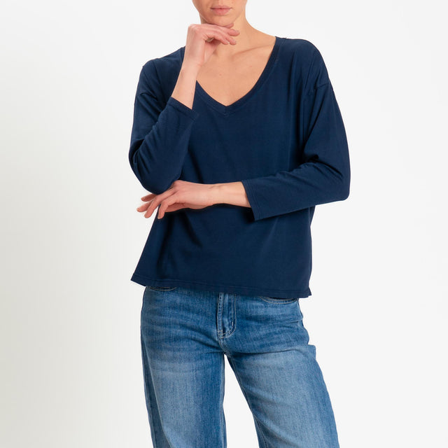 Zeroassoluto-T-shirt scatola scollo v cotone elasticizzato - blu