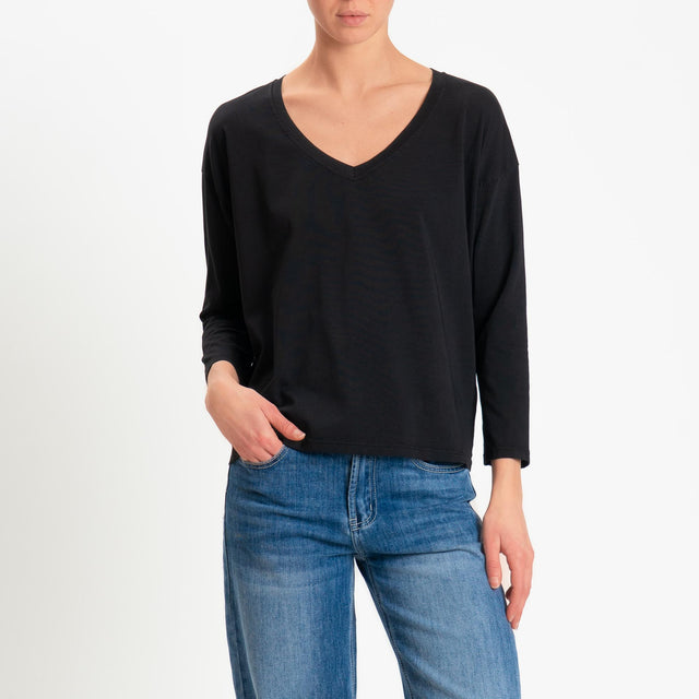 Zeroassoluto-T-shirt scatola scollo v elasticizzato - nero