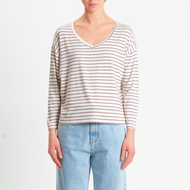 Zeroassoluto-T-shirt scatola a righe scollo v in jersey elasticizzato - panna/cuoio