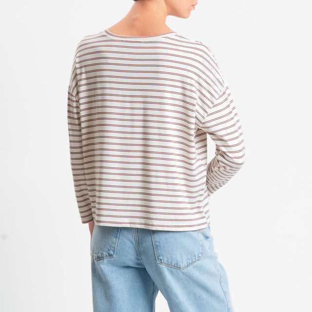 Zeroassoluto-T-shirt scatola a righe scollo v in jersey elasticizzato - panna/cuoio