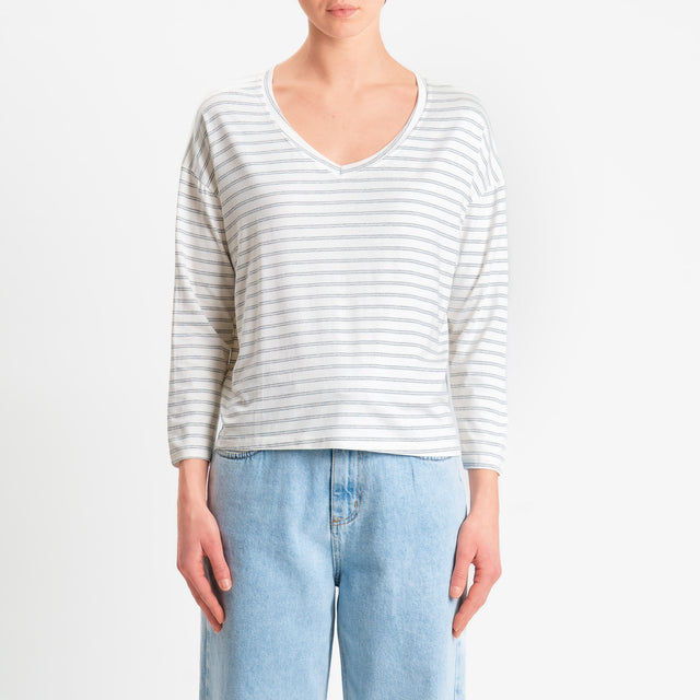 Zeroassoluto-T-shirt scatola a righe scollo v in jersey elasticizzato - panna/grigio melange