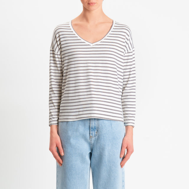 Zeroassoluto-T-shirt scatola a righe scollo v in jersey elasticizzato - panna/moro
