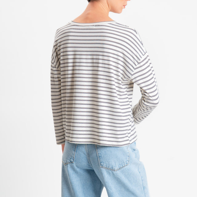 Zeroassoluto-T-shirt scatola a righe scollo v in jersey elasticizzato - panna/moro