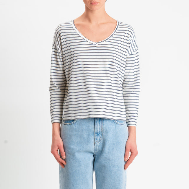 Zeroassoluto-T-shirt scatola a righe scollo v in jersey elasticizzato - panna/nero