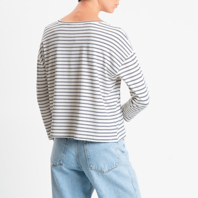 Zeroassoluto-T-shirt scatola a righe scollo v in jersey elasticizzato - panna/nero