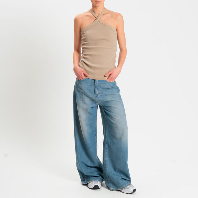 Zeroassoluto- Top a costine scollo incrociato cotone elasticizzato - Beige