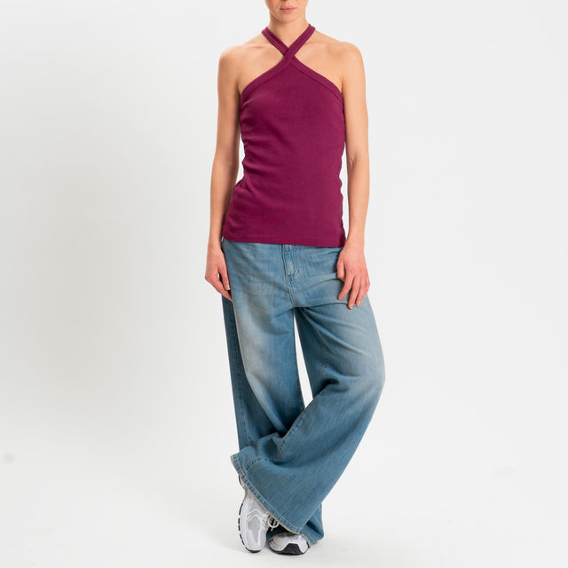 Zeroassoluto- Top a costine scollo incrociato cotone elasticizzato - berry