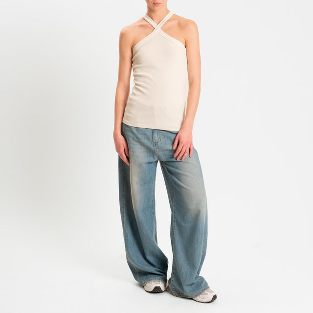 Zeroassoluto- Top a costine scollo incrociato cotone elasticizzato - burro