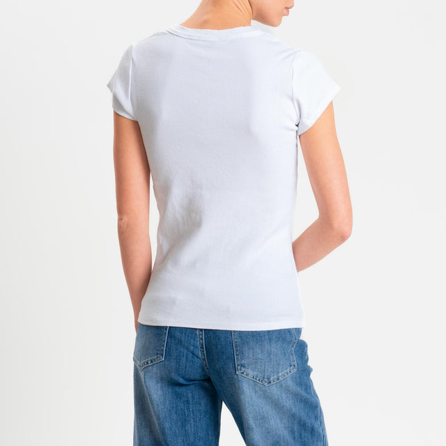 Zeroassoluto- T-shirt a costine scollo v cotone elasticizzato - Bianco