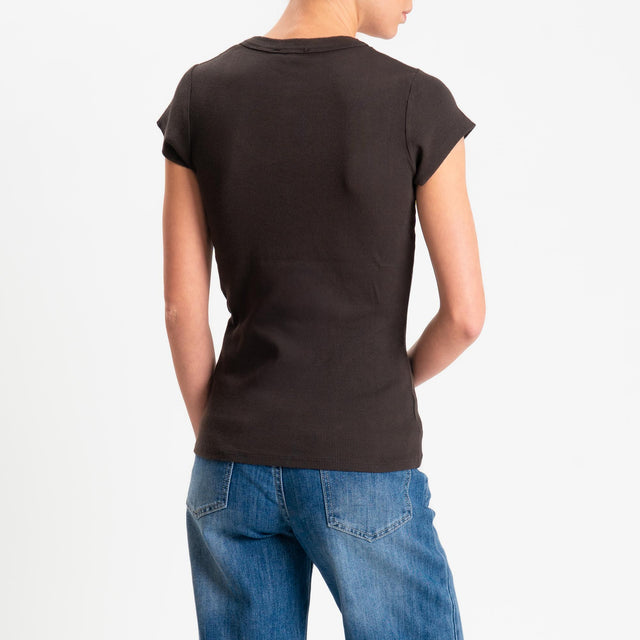 Zeroassoluto- T-shirt a costine scollo v cotone elasticizzato - moro