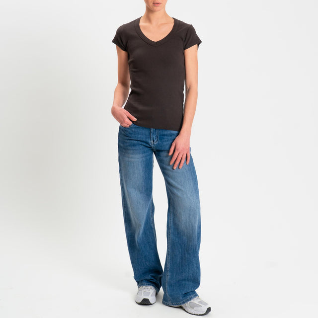 Zeroassoluto- T-shirt a costine scollo v cotone elasticizzato - moro