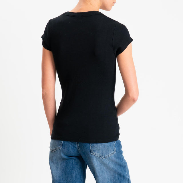 Zeroassoluto- T-shirt a costine scollo v cotone elasticizzato - Nero