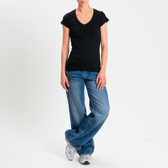 Zeroassoluto- T-shirt a costine scollo v cotone elasticizzato - Nero
