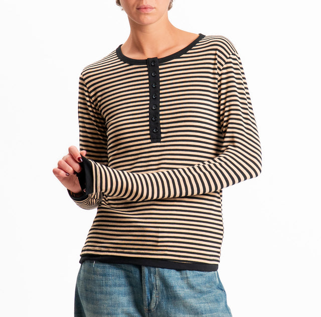Zeroassoluto-Maglia serafino righe in jersey - beige/nero