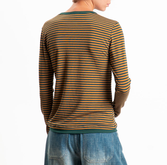 Zeroassoluto-Maglia serafino righe in jersey - verde/cuoio