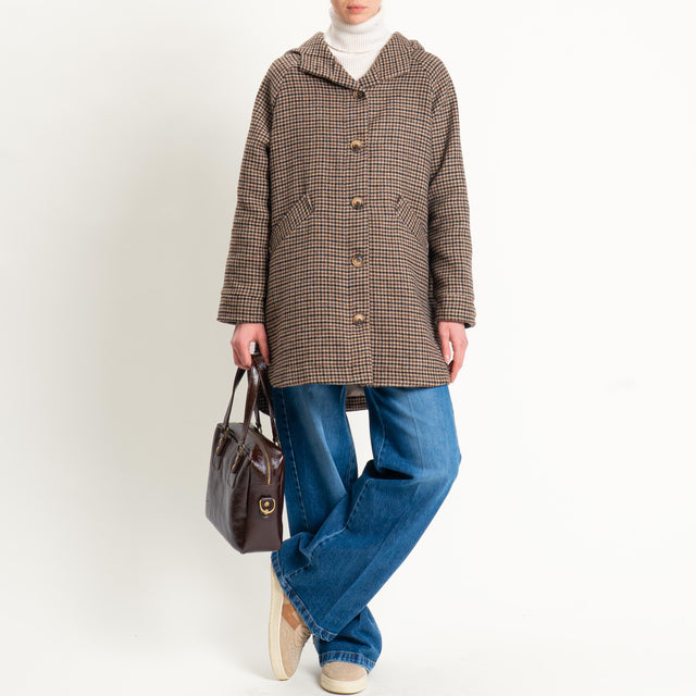 Zeroassoluto-Cappotto pied de poule misto lana con cappuccio - moro/sand/nero