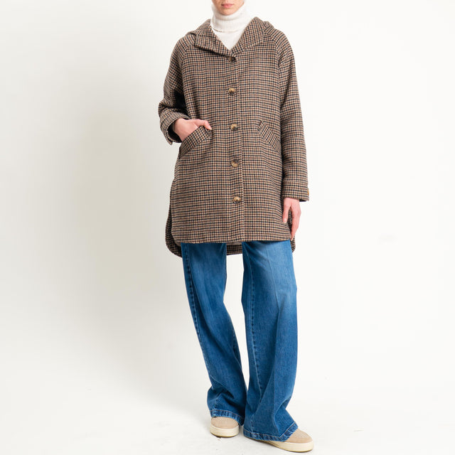 Zeroassoluto-Cappotto pied de poule misto lana con cappuccio - moro/sand/nero