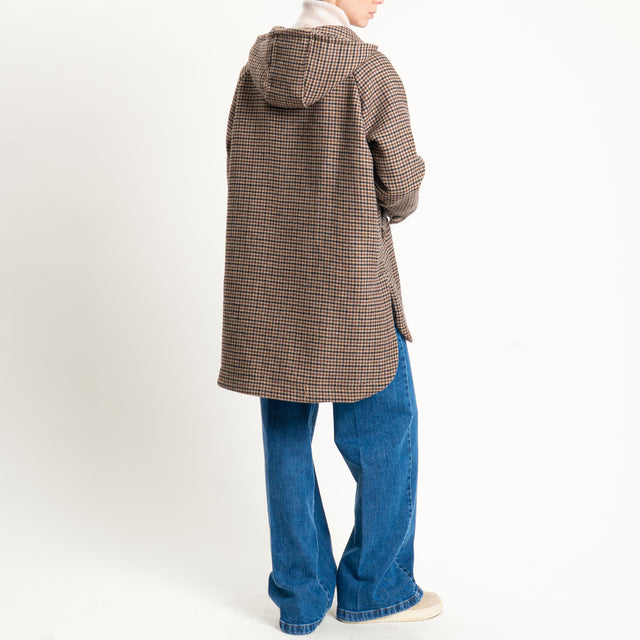 Zeroassoluto-Cappotto pied de poule misto lana con cappuccio - moro/sand/nero