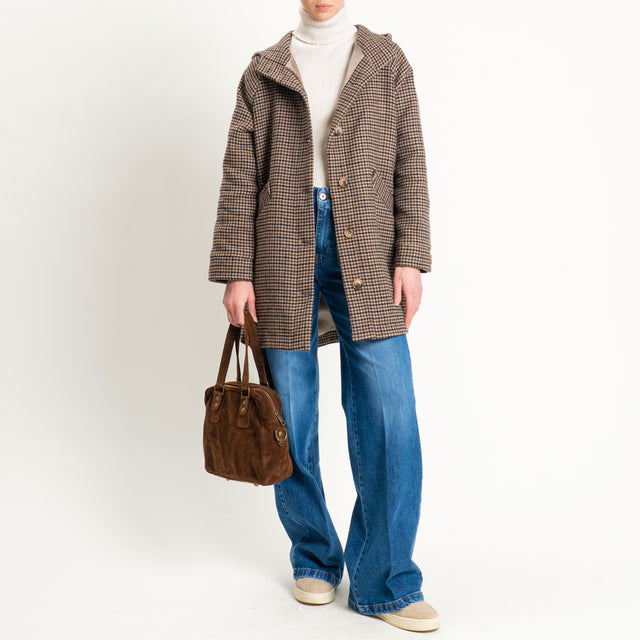 Zeroassoluto-Cappotto pied de poule misto lana con cappuccio - moro/sand/nero