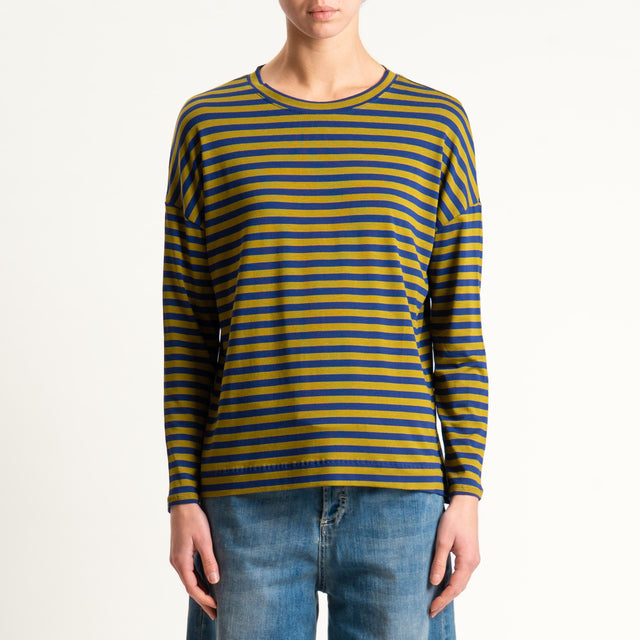 Zeroassoluto- T-shirt a righe scatola in jersey - blu/foglia