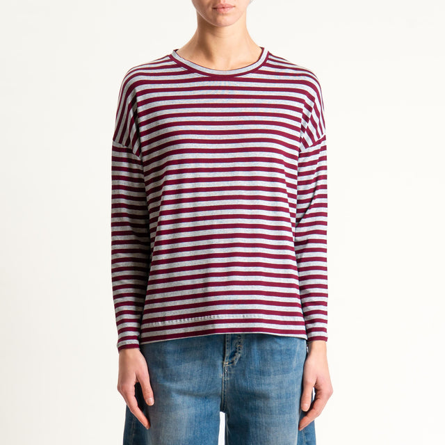 Zeroassoluto- T-shirt a righe scatola in jersey - vino/grigio melange