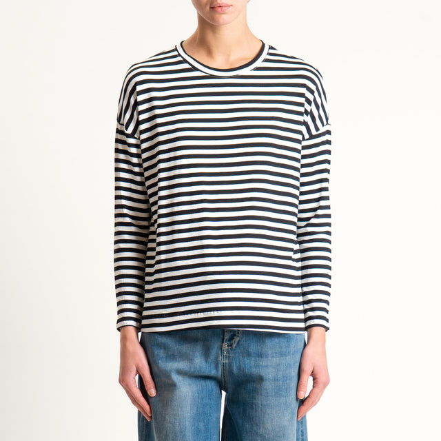 Zeroassoluto- T-shirt a righe scatola in jersey - latte/nero