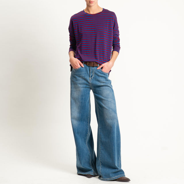 Zeroassoluto- T-shirt a righe scatola in jersey - blu/vino