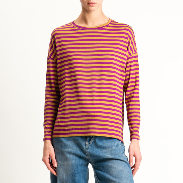 Zeroassoluto- T-shirt a righe scatola in jersey - ciclamino/cuoio