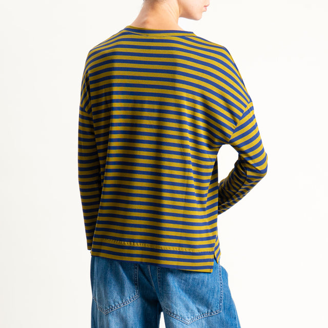 Zeroassoluto- T-shirt a righe scatola in jersey - blu/foglia