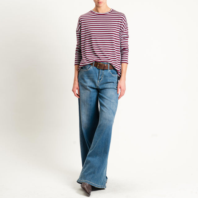 Zeroassoluto- T-shirt a righe scatola in jersey - vino/grigio melange