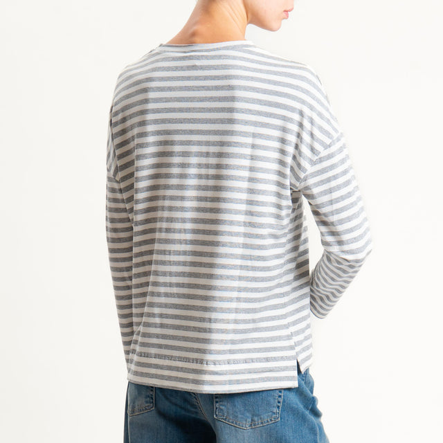 Zeroassoluto- T-shirt a righe scatola in jersey - latte/grigio melange