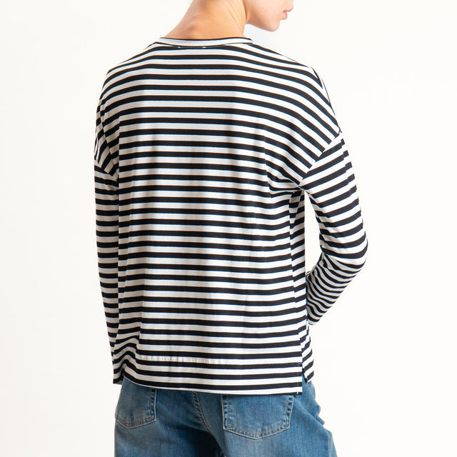 Zeroassoluto- T-shirt a righe scatola in jersey - latte/nero