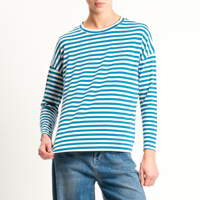 Zeroassoluto- T-shirt a righe scatola in jersey - ottanio/latte