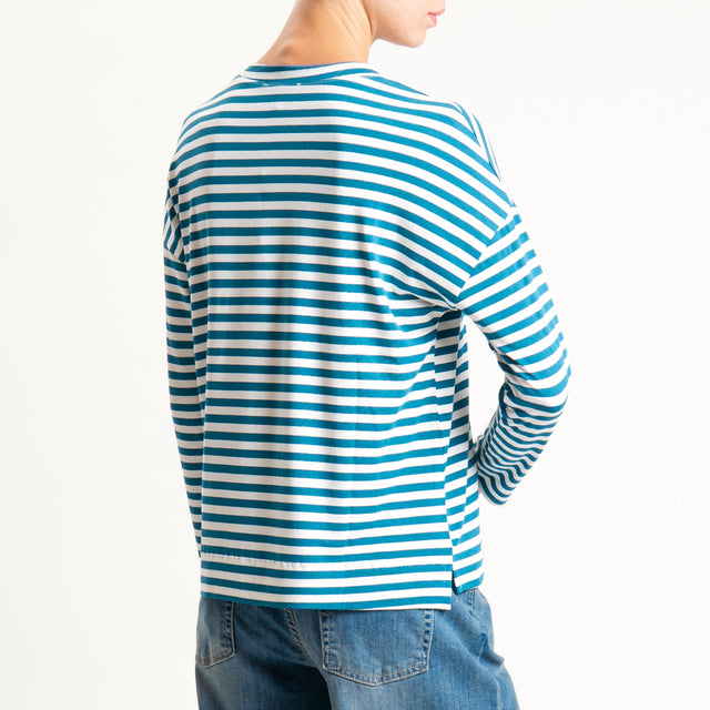 Zeroassoluto- T-shirt a righe scatola in jersey - ottanio/latte