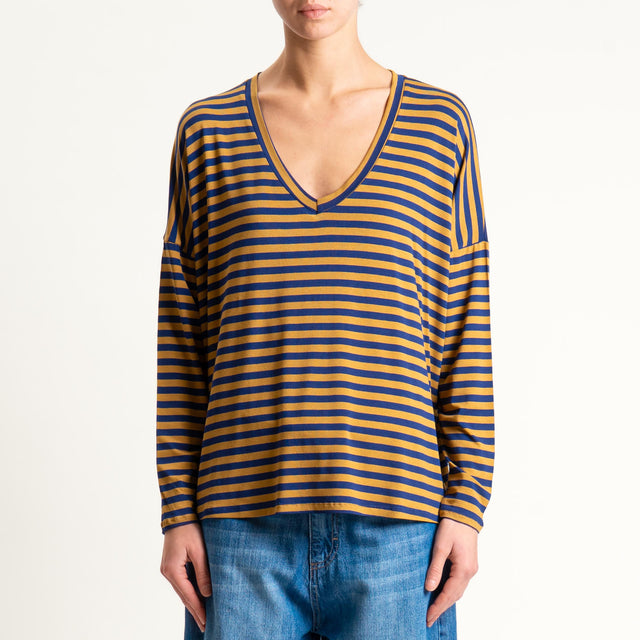 Zeroassoluto-T-shirt a righe scollo a v in jersey - blu/cuoio