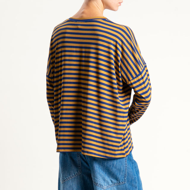 Zeroassoluto-T-shirt a righe scollo a v in jersey - blu/cuoio