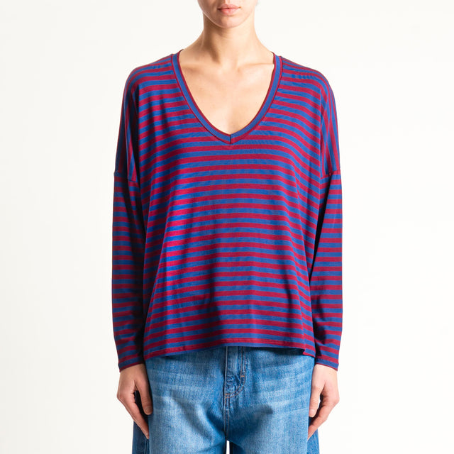 Zeroassoluto-T-shirt a righe scollo a v in jersey - blu/vino