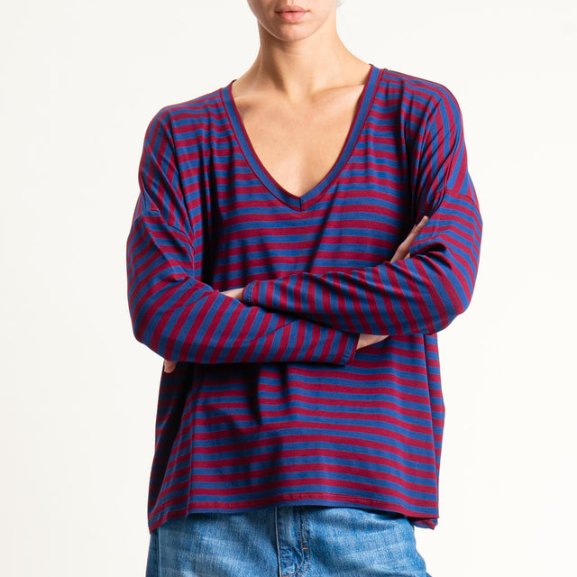Zeroassoluto-T-shirt a righe scollo a v in jersey - blu/vino