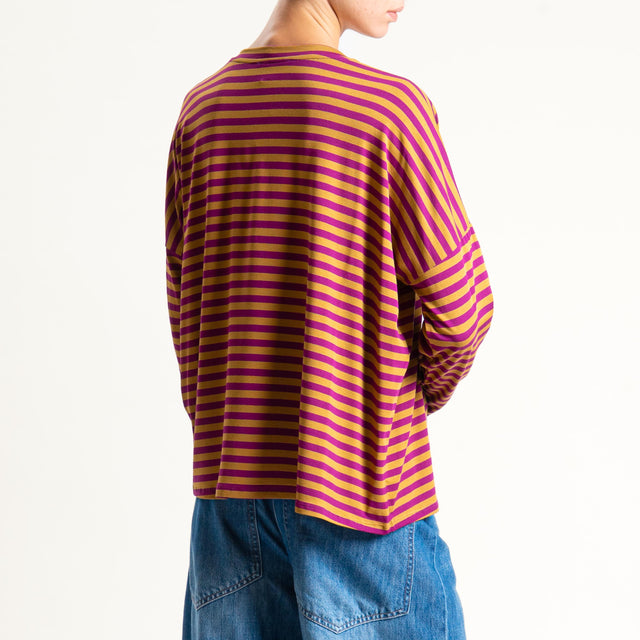 Zeroassoluto-T-shirt a righe scollo a v in jersey - ciclamino/cuoio