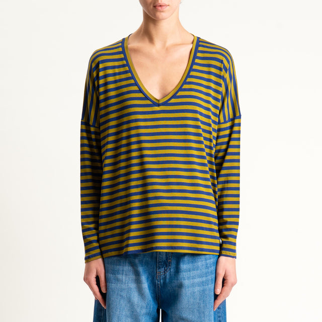 Zeroassoluto-T-shirt a righe scollo a v in jersey - blu/foglia