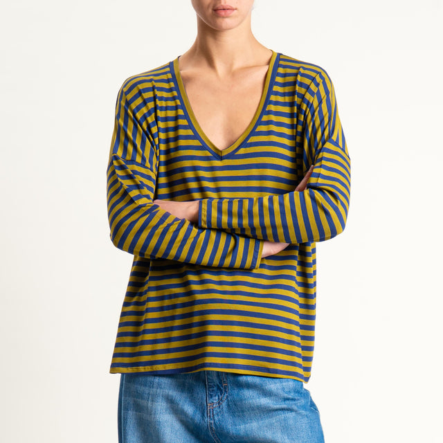 Zeroassoluto-T-shirt a righe scollo a v in jersey - blu/foglia